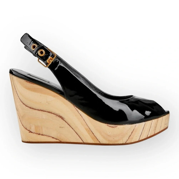 Miu Miu Black Patent Leather  Peep Toe Slingback Wooden Wedge Heel 39 - Picture 1 of 14